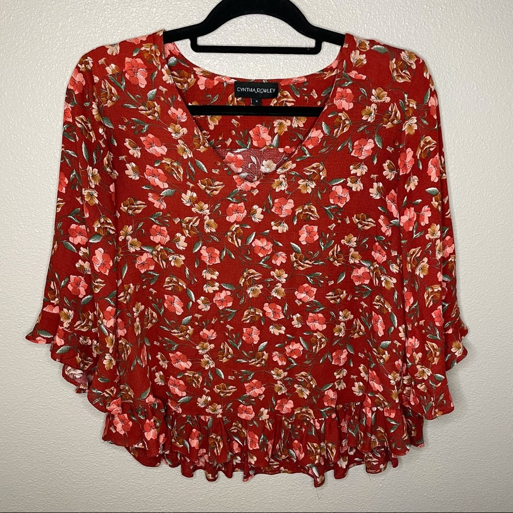 Cynthia Rowley Red floral 3/4 sleeve blouse size S